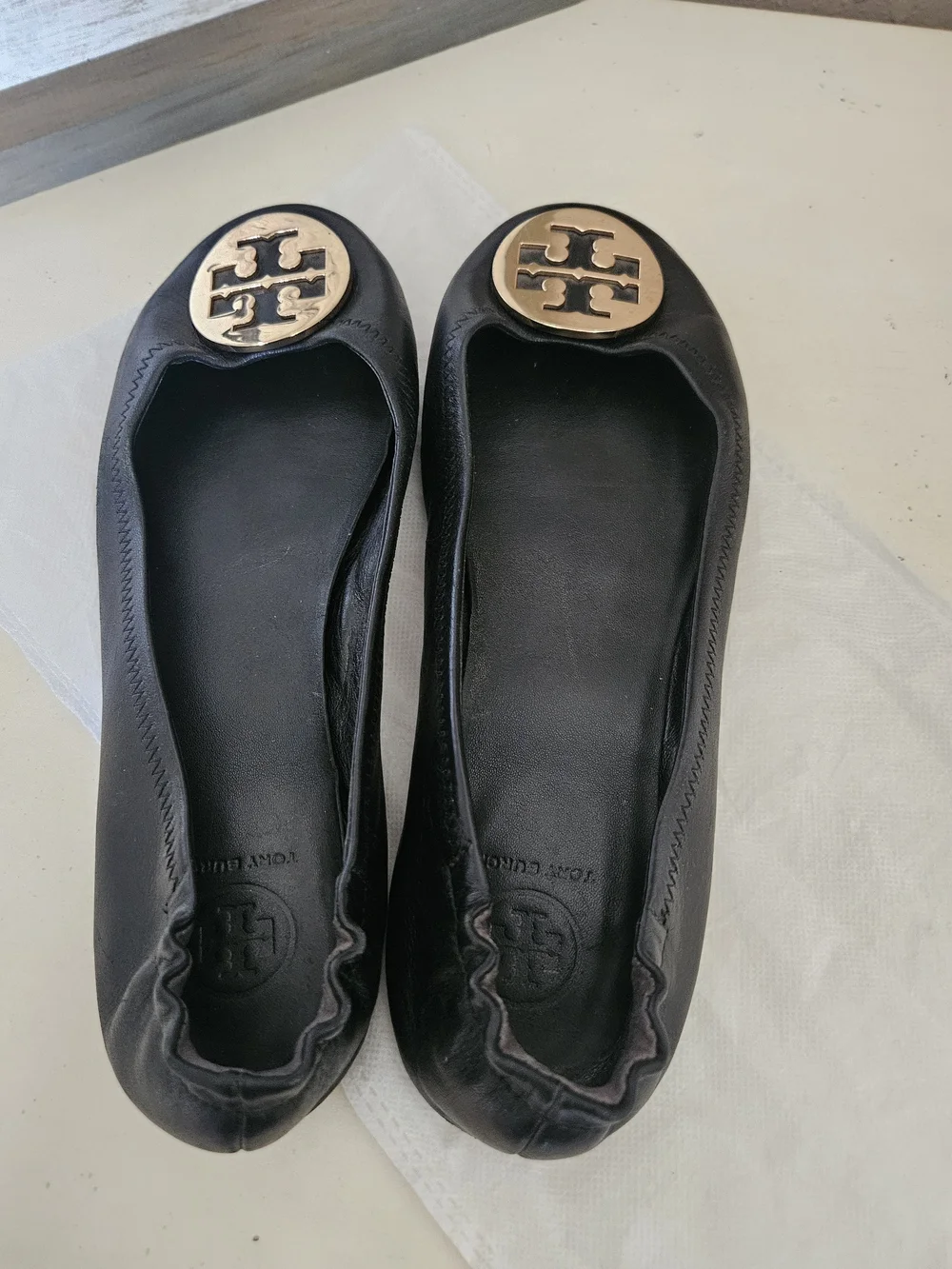 Tory Burch Black Reva Ballet Flats with Gold Logo